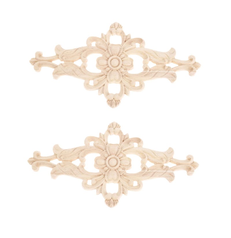 MUXSAM Wood Carved Appliques Furniture Decorative Onlays, 2Pcs Unpainted DIY Center Carving Decal for Door Wall Ceiling Cabinet Dresser Mirror Bed Mantel Bench Decoration, 27x14cm/10.63"x5.51" - Image 1